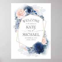 Poster de Boas-vindas do Casamento Floral Azul Blu