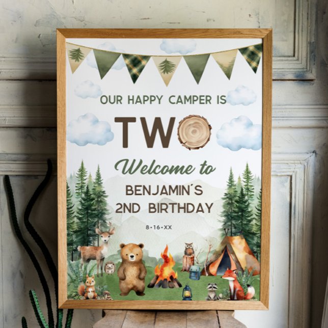 Poster de boas-vindas do segundo aniversário Feliz (Happy Camper 2nd Birthday 18x24 Welcome Poster
)