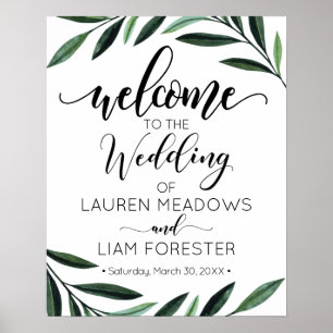 Poster de Boas-vindas do Watercolor Greenery Weddi
