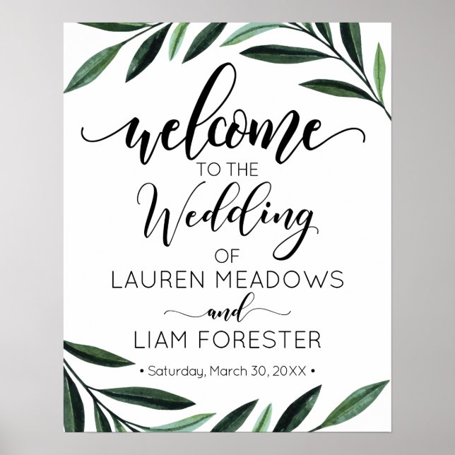 Poster de Boas-vindas do Watercolor Greenery Weddi (Frente)