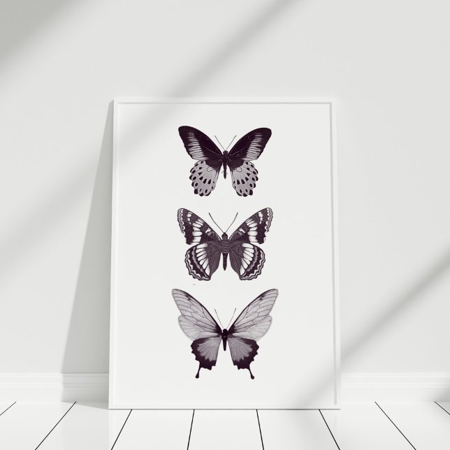 Poster de borboleta (Black and White Minimalist Butterfly Poster in a white frame.)