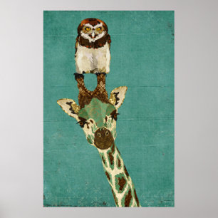 Poster de bronze da arte do girafa & da coruja