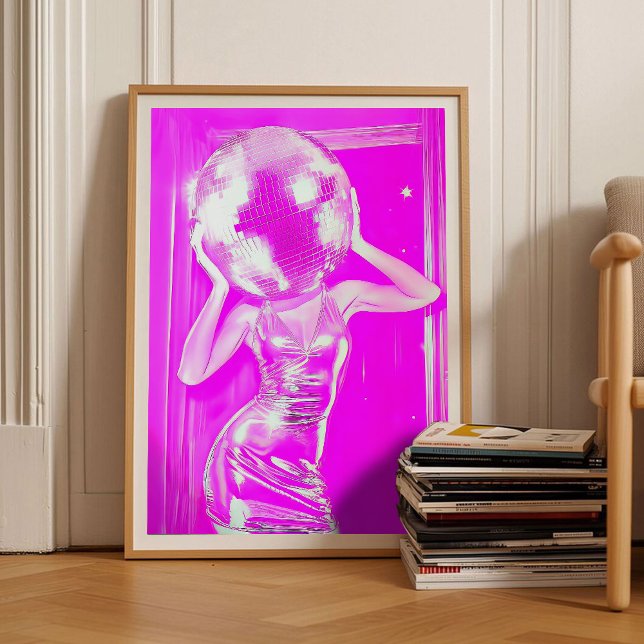 Poster de Cabeça de Menina Bola de Discoteca Rosa, (Criador carregado)