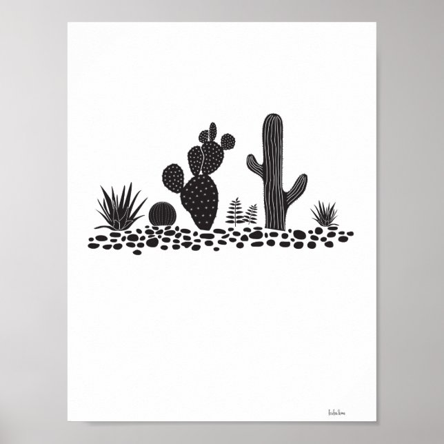 Poster de cacto preto e branco e suculentos (Frente)