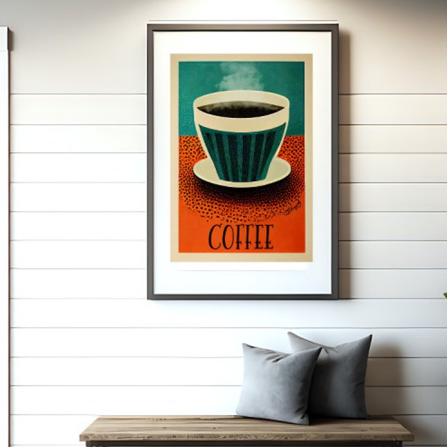 Poster de café retrô (Coffee poster is shown in a frame on a wall)