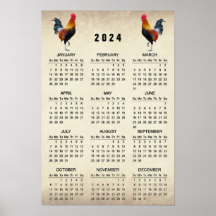 Poster de Calendário 2024 de Dois Roosters