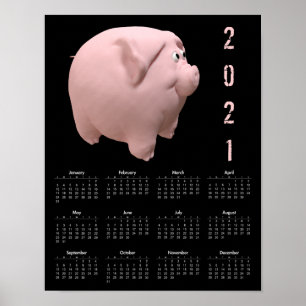 Poster de calendário preto engraçado 3D de porco 2