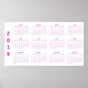 Poster de calendário rosa-quente minimalista 2019