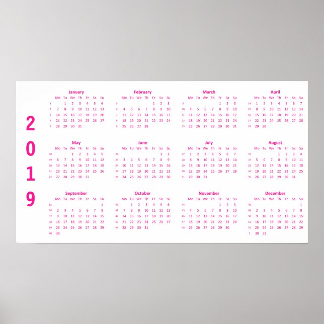 Poster de calendário rosa-quente minimalista 2019 (Frente)