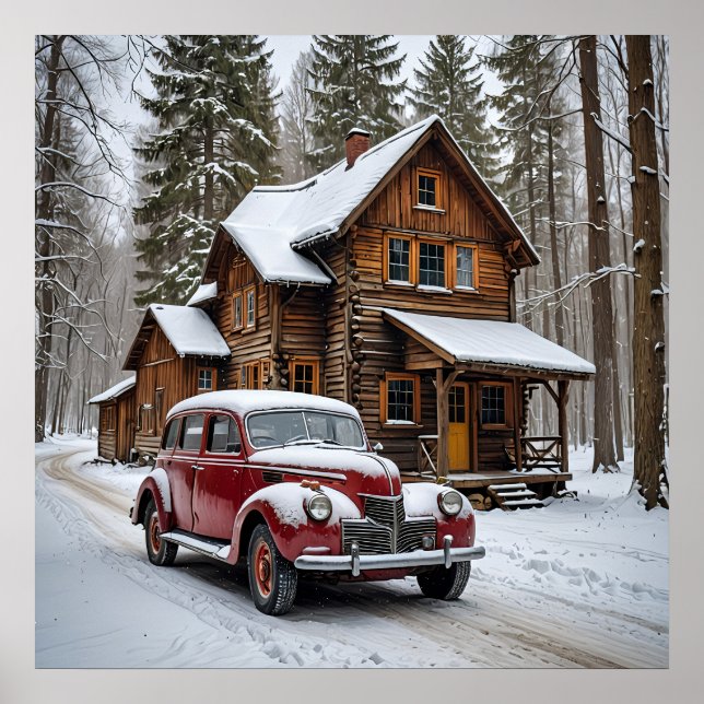 Poster de Carro Antiquado Inverno (Frente)