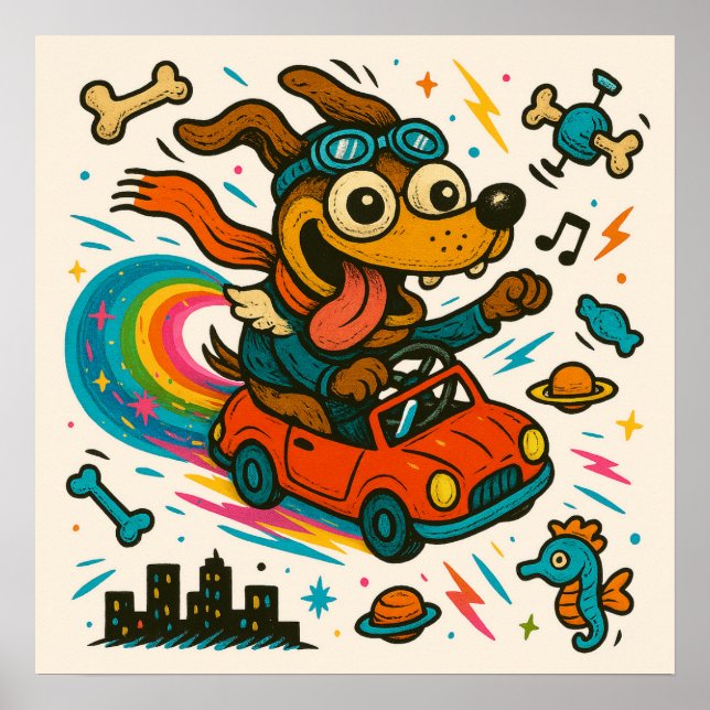 Poster de Carro de Condução de Cachorros Espaciais (Frente)