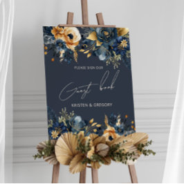 Poster de Casamento Floral Dourado Azul