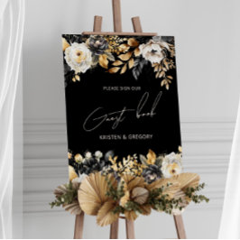 Poster de Casamento Floral Dourado Preto