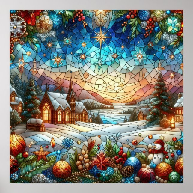 Poster de Cena de Natal de Vidro Manchado (Frente)