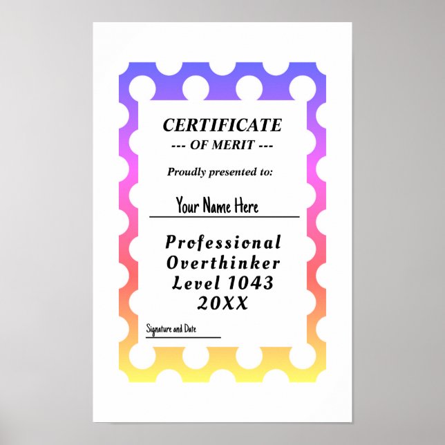 Poster de certificado de overthinker profissional (Frente)