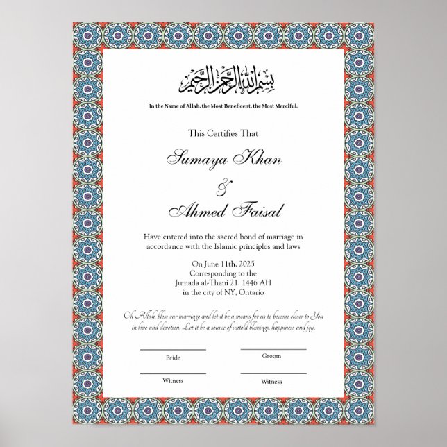 poster de certificado nikkah estilo islâmico (Frente)