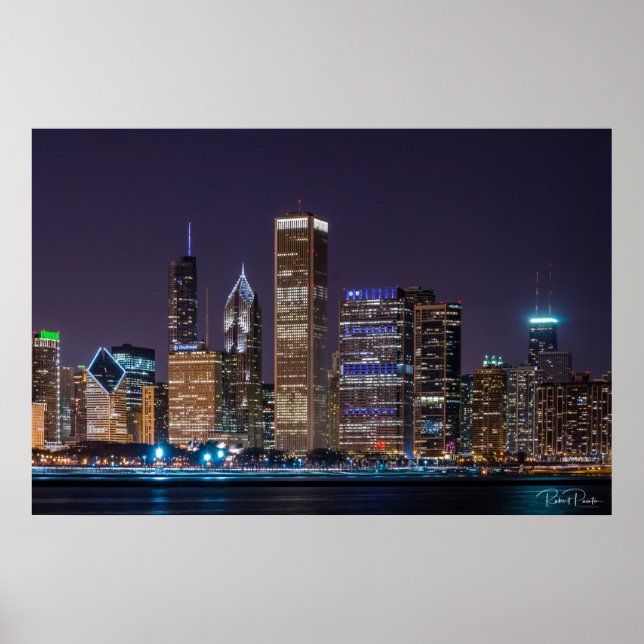 Poster de Chicago Skyline Illinois com Night Sky (Frente)