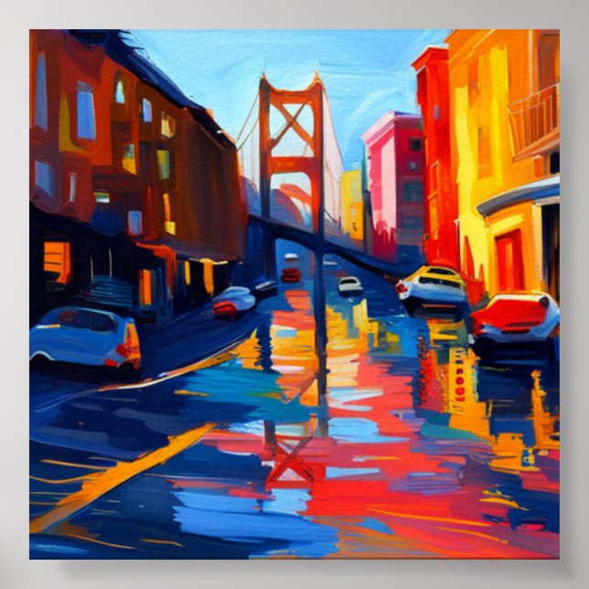 Poster de cidade colorida com ponte (Frente)