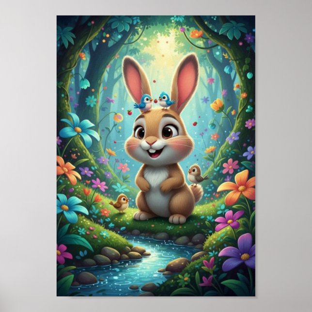 Poster de Coelho da Floresta Adorável com Pássaros (Frente)
