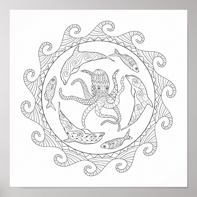 Poster de Coloração de Adultos com Vida no Mar (Frente)