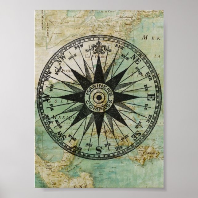 Poster de Compass e Mapa Náutico Antiquado (Frente)