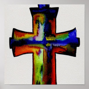 Poster de cruz de aquarela multicolorida