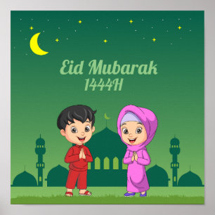 poster de desenho animado eid mubarak