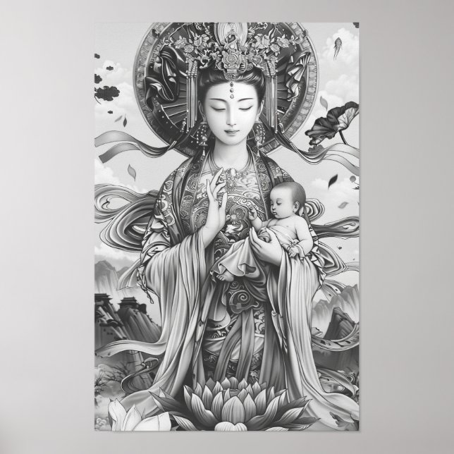 Poster de Desenho da Linha de Deusa - Arte Preta e (Frente)