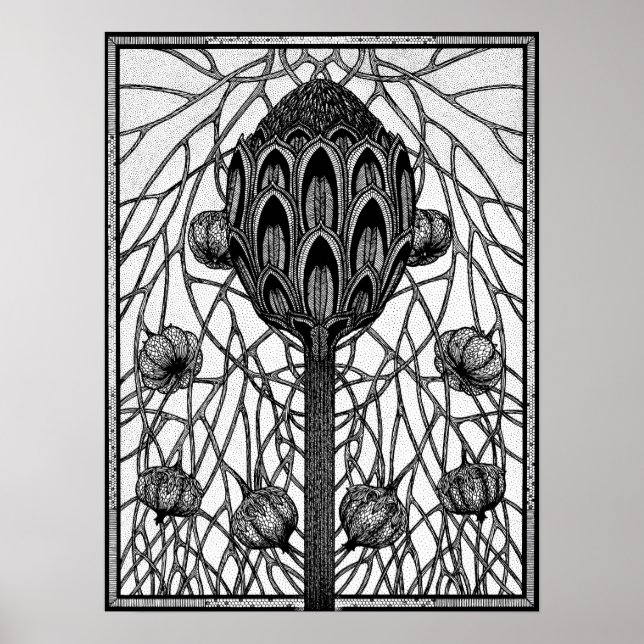 Poster de Desenho de Tinta de Planta de Ramificaçõ (Frente)