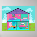 Poster de Dollhouse Retro Living<br><div class="desc">Este Poster da Dollhouse Retro Vivendo acrescentará um toque de choradeira ao quarto de qualquer garota. A design apresenta um desenho de um clássico, uma casa de bonecas de criança. A casa de bonecas de dois andares mostra a ideia de glamour de cada menina. A cozinha tem paredes e pisos...</div>
