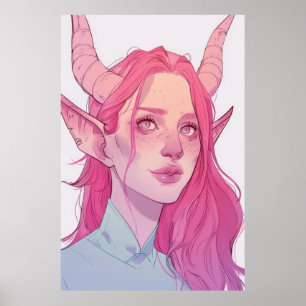 Poster de fantasia de Tiefling rosa pálido