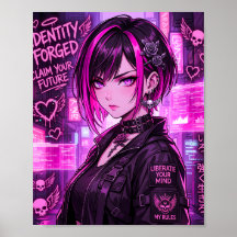 Poster de Garota de Anime Cyberpunk Neon "Identida