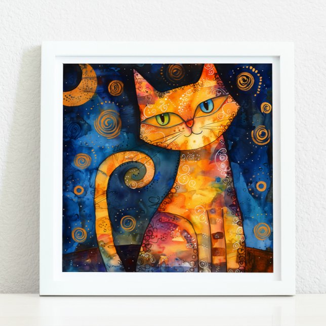 POSTER DE GATO COLORIDO E BRANCO (WHIMSICAL COLORFUL CAT POSTER)