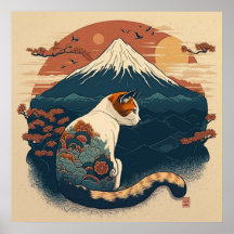 Poster de Gato de Estilo Japonês - Vermelho e Azul