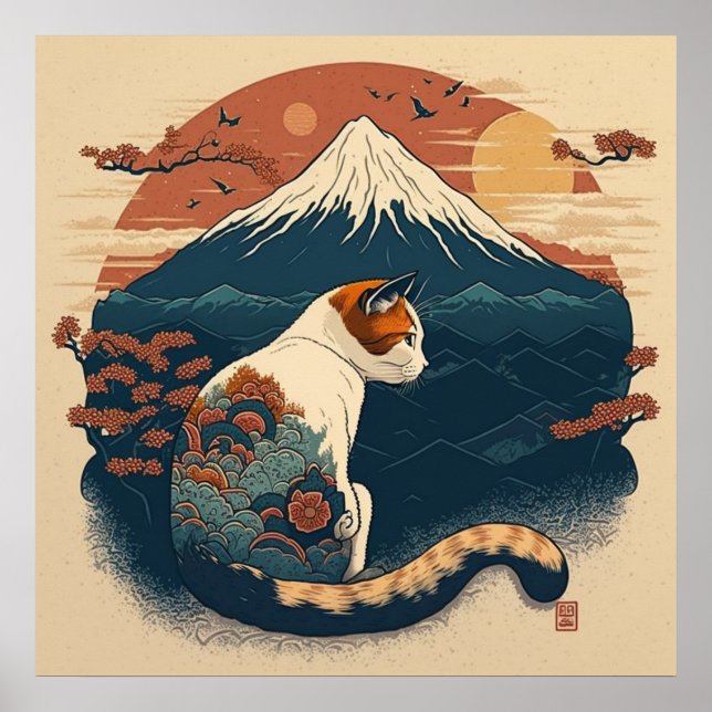 Poster de Gato de Estilo Japonês - Vermelho e Azul (Frente)