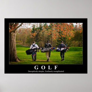 Poster de golfe com três amigos caminhando em dire