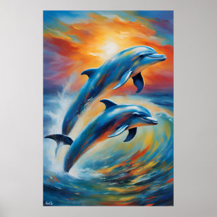 Poster de golfinhos no estilo de pintura a óleo