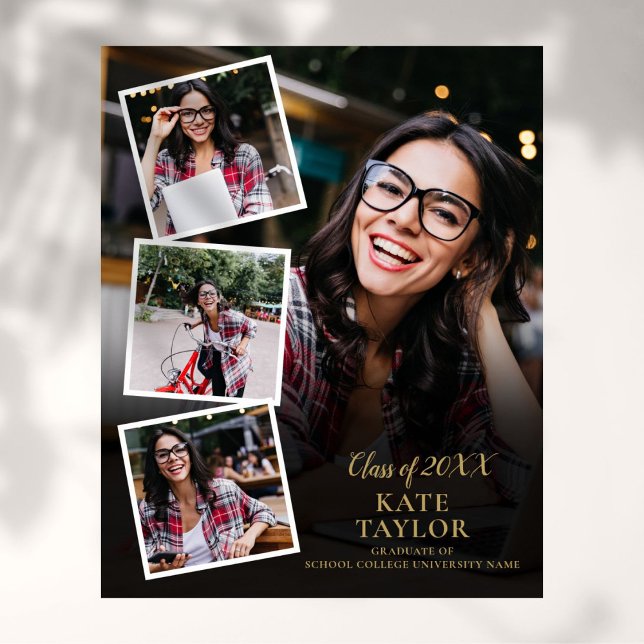 poster de Graduação Dourada de Colagem de Fotos 4 (4 Photo Collage Gold Graduation Poster)