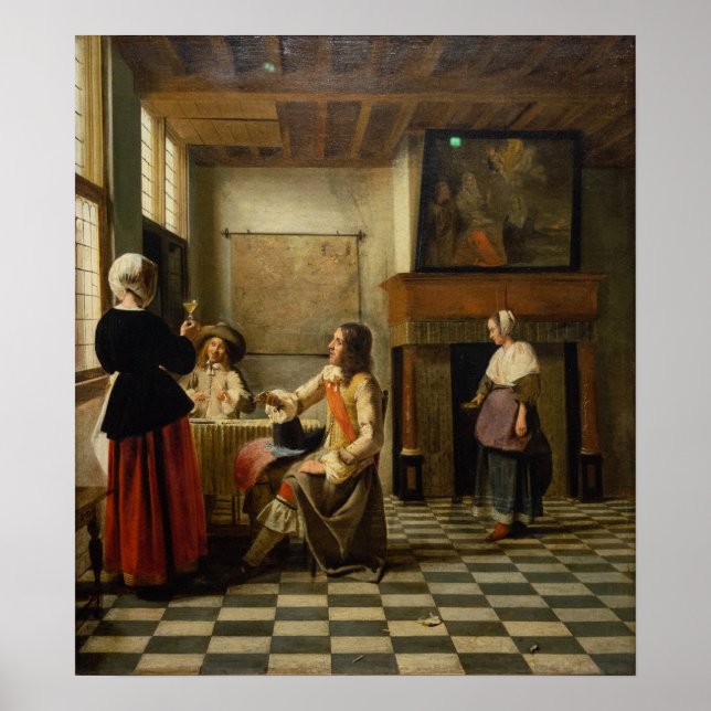 Poster De Hooch - Uma Mulher Bebendo Com Dois Homens 1658 (Frente)