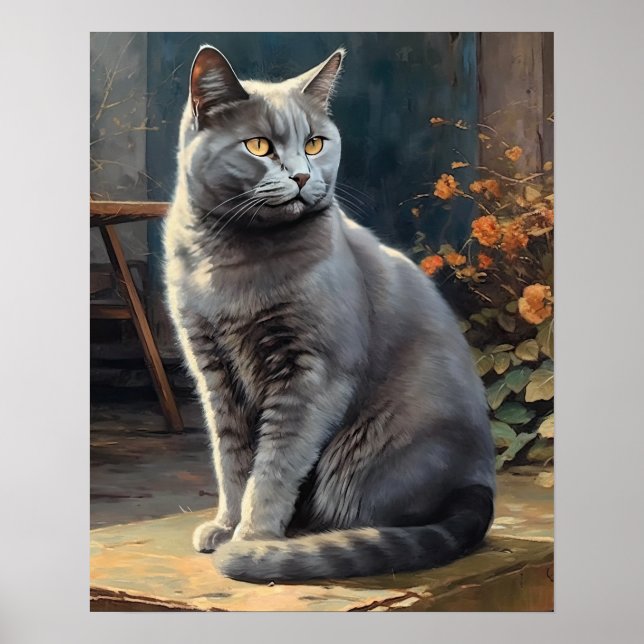 Poster de Impressão de Arte de Gato Chartreux (Frente)