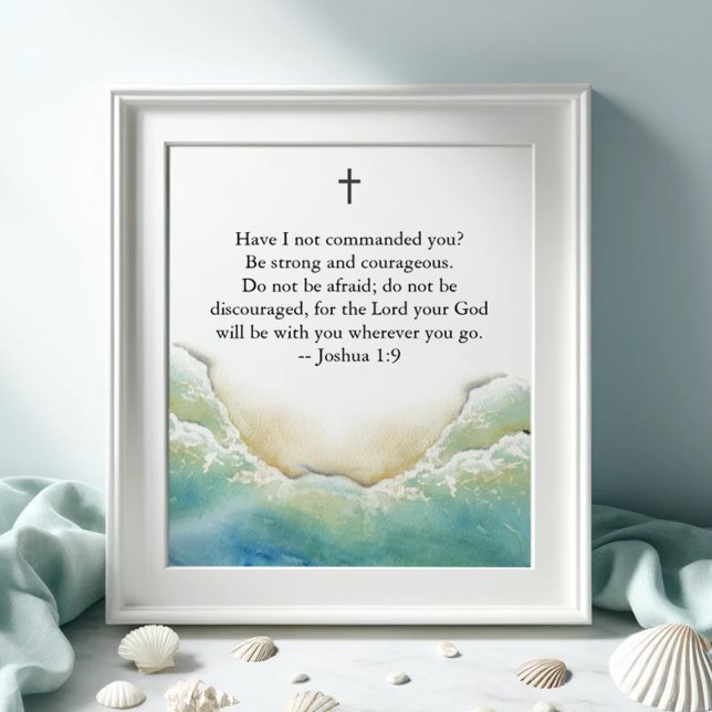 Poster de Inspiração bíblia com Arte de Praia (Inspirational poster with Bible verse and watercolor shoreline art by Victoria Grigaliunas)