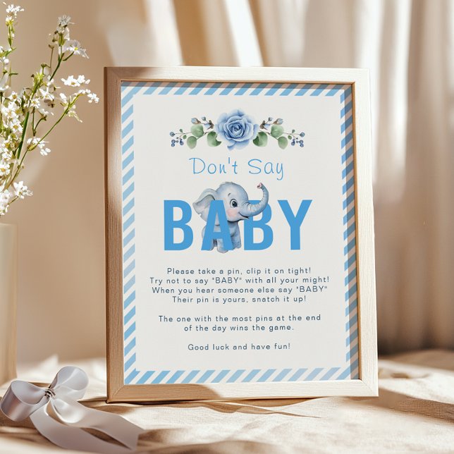 Poster de jogos de Chá de fraldas elefante - "Don' (Don't Say Baby Baby Shower Sign)