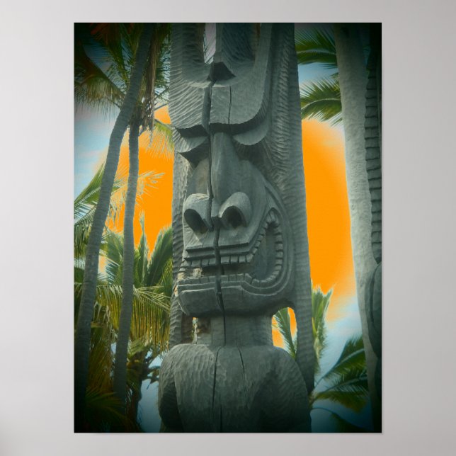 Poster de laranja tropical com estátua tiki sorrid (Frente)