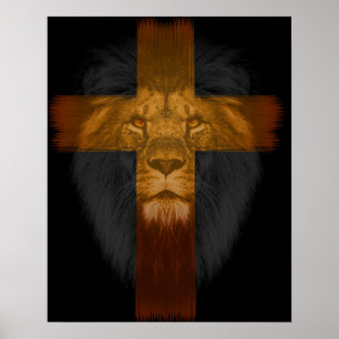 Poster de Leão/Cruz de Fundo Preto