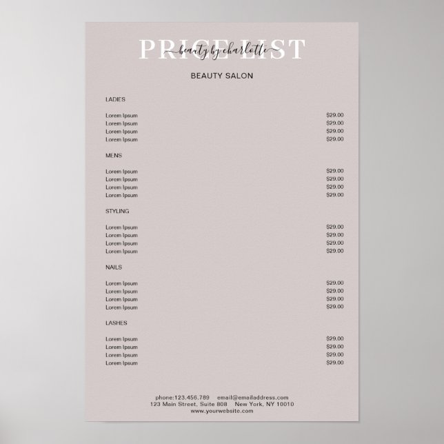 Poster de Lista de Preços de Cinza Moderna (Frente)