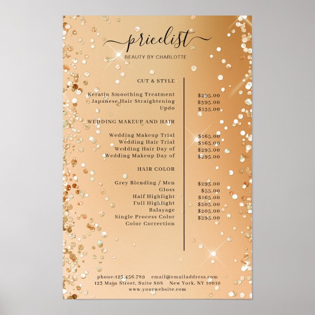 Poster de Lista de Preços de Glitter Moderno (Frente)