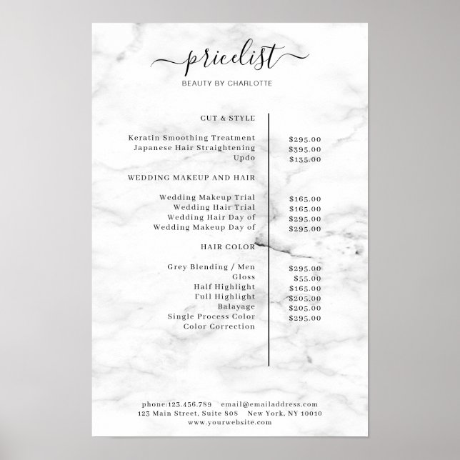 Poster de Lista de Preços de Marble Moderno (Frente)