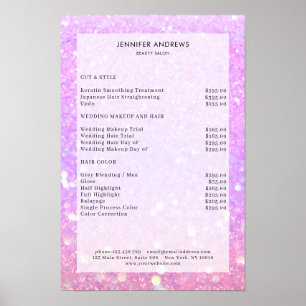 Poster de lista de preços do salão de brilho roxo 