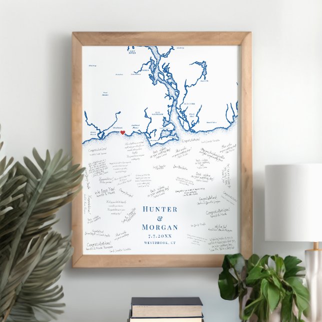 Poster de Livro de Convidado do Marinho Elegante W (Westbrook CT Map Wedding Alternative Guest Book Poster in Elegant Navy Blue from Coastal Map Designs)