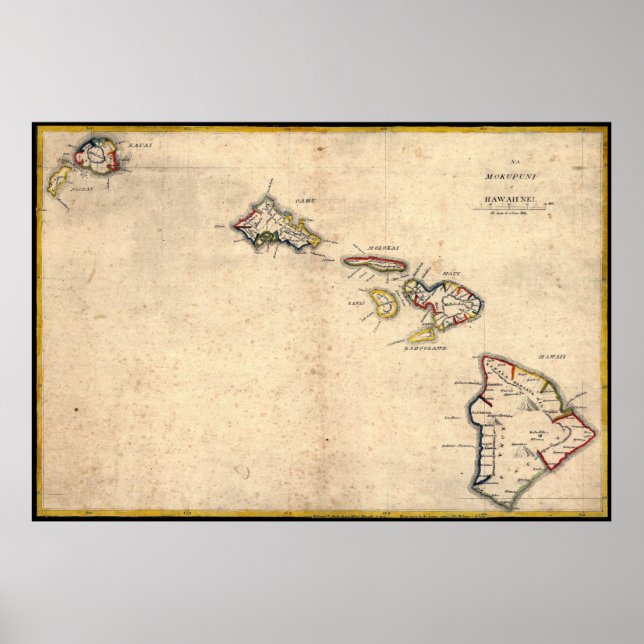 Poster de Mapa Antiquado do Havaí (Frente)